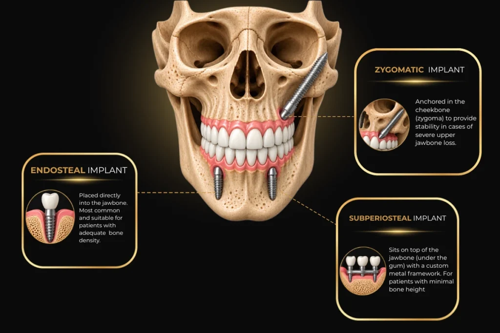 Diagram comparing endosteal, subperiosteal, and zygomatic types of dental implants